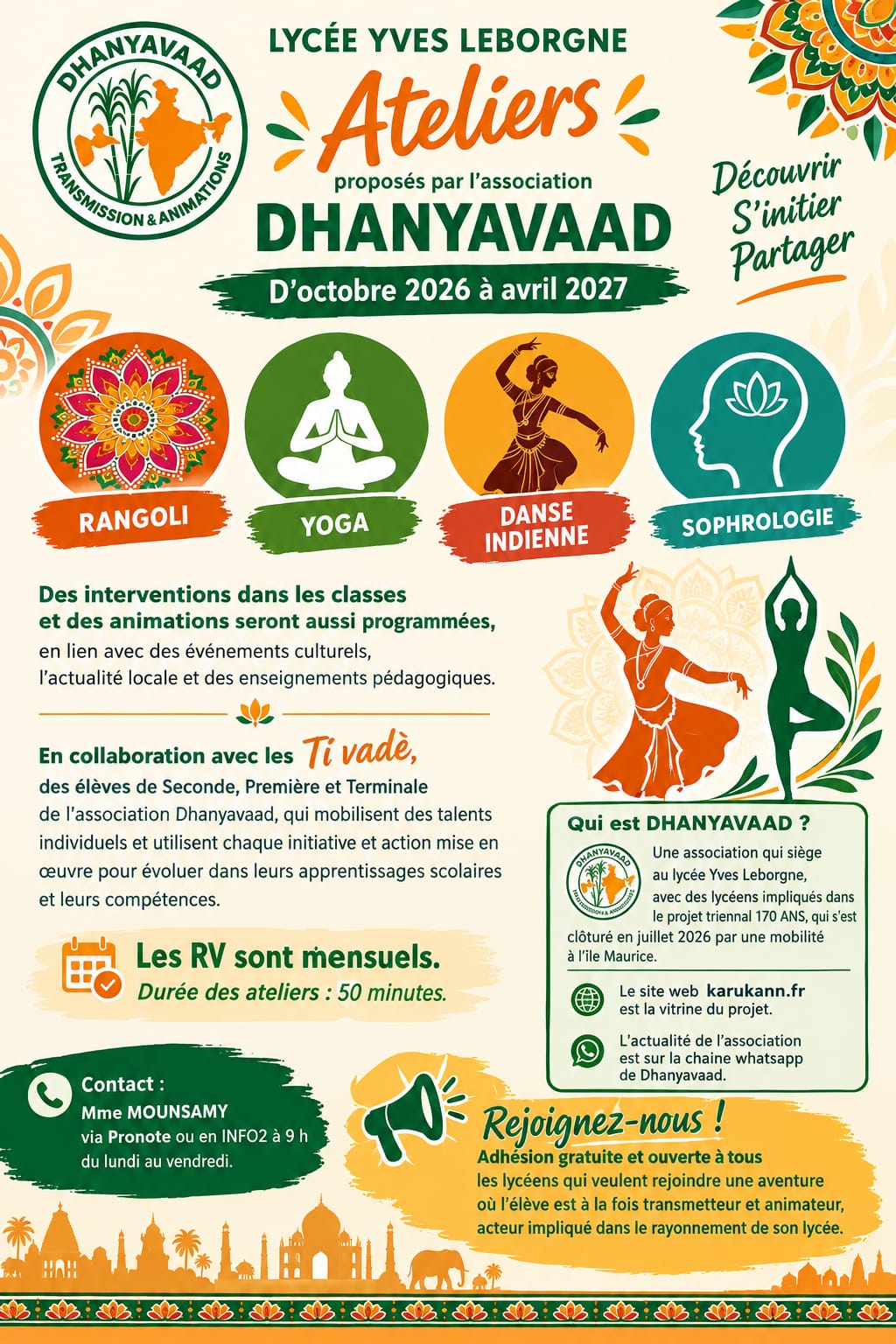 Affiche — Ateliers proposés par Dhanyavaad au lycée Yves Leborgne : rangoli, yoga, danse indienne et sophrologie, d'octobre 2026 à avril 2027