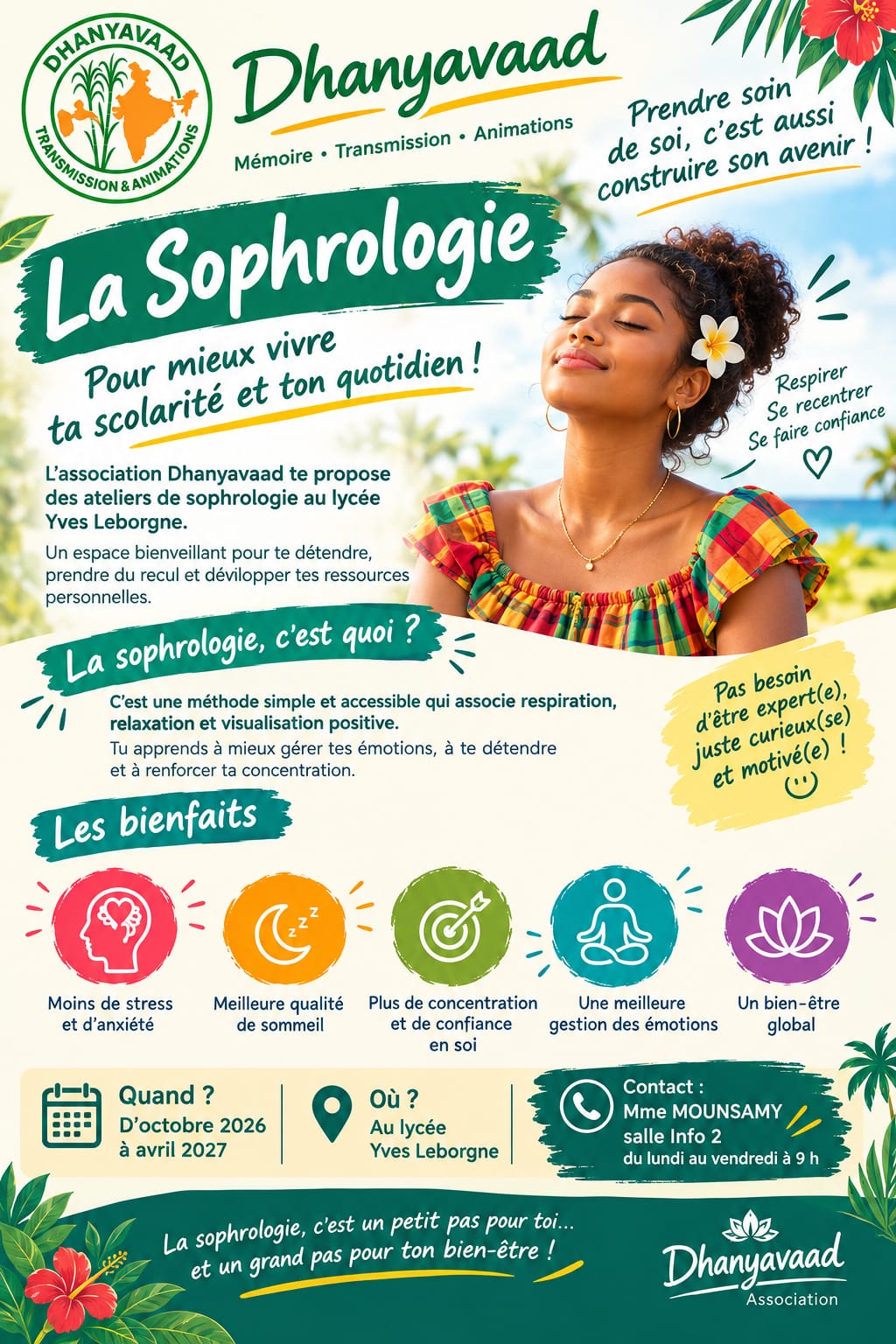 Affiche — Ateliers de sophrologie proposés par Dhanyavaad au lycée Yves Leborgne, d'octobre 2026 à avril 2027