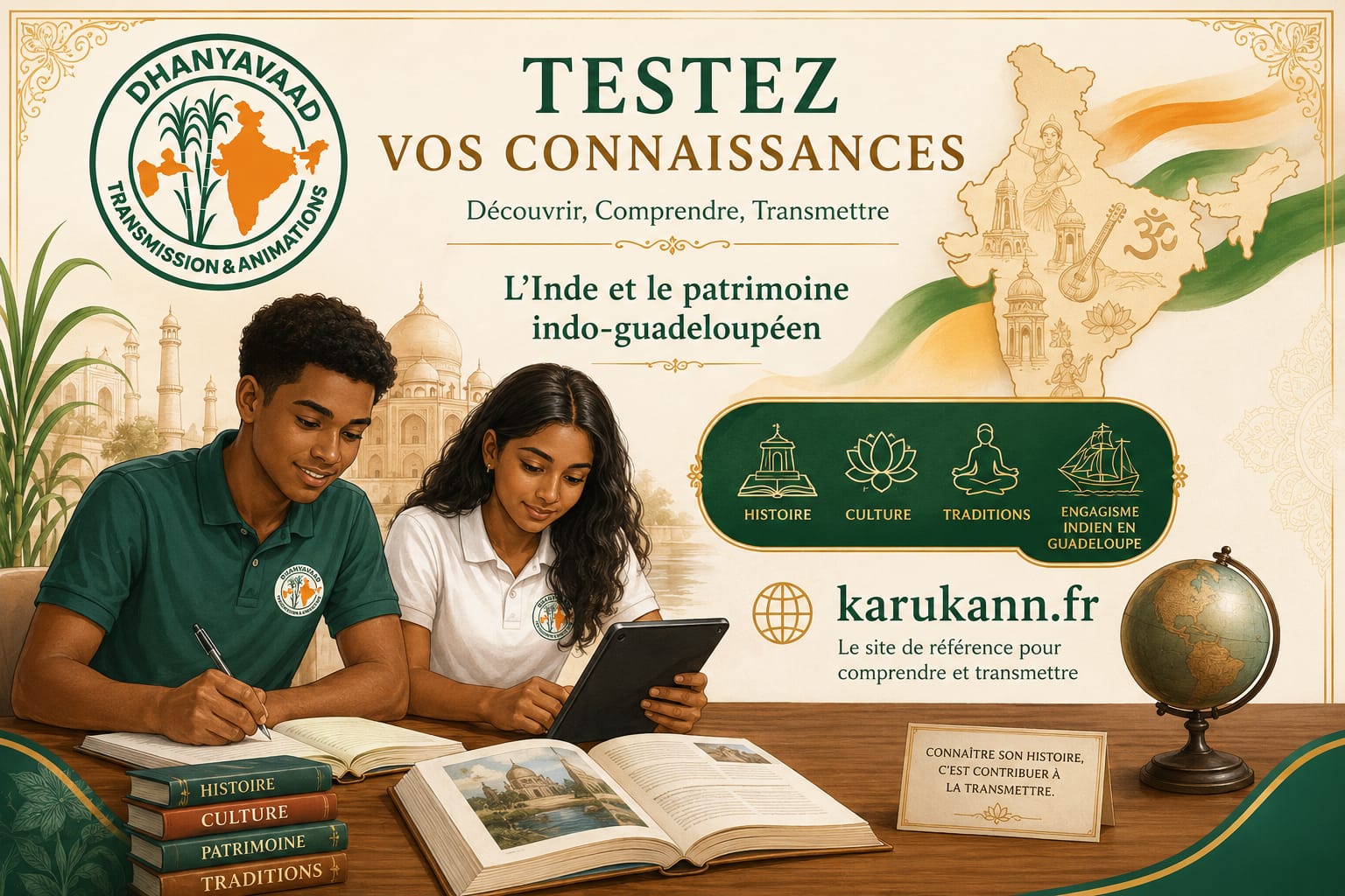 Affiche — Testez vos connaissances sur l'Inde et le patrimoine indo-guadeloupéen sur karukann.fr