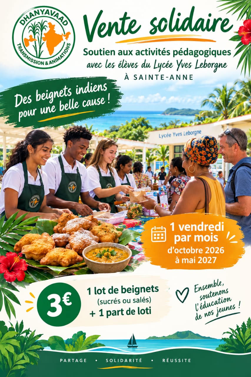 Affiche — Vente solidaire de beignets indiens avec les élèves du lycée Yves Leborgne, un vendredi par mois d'octobre 2026 à mai 2027