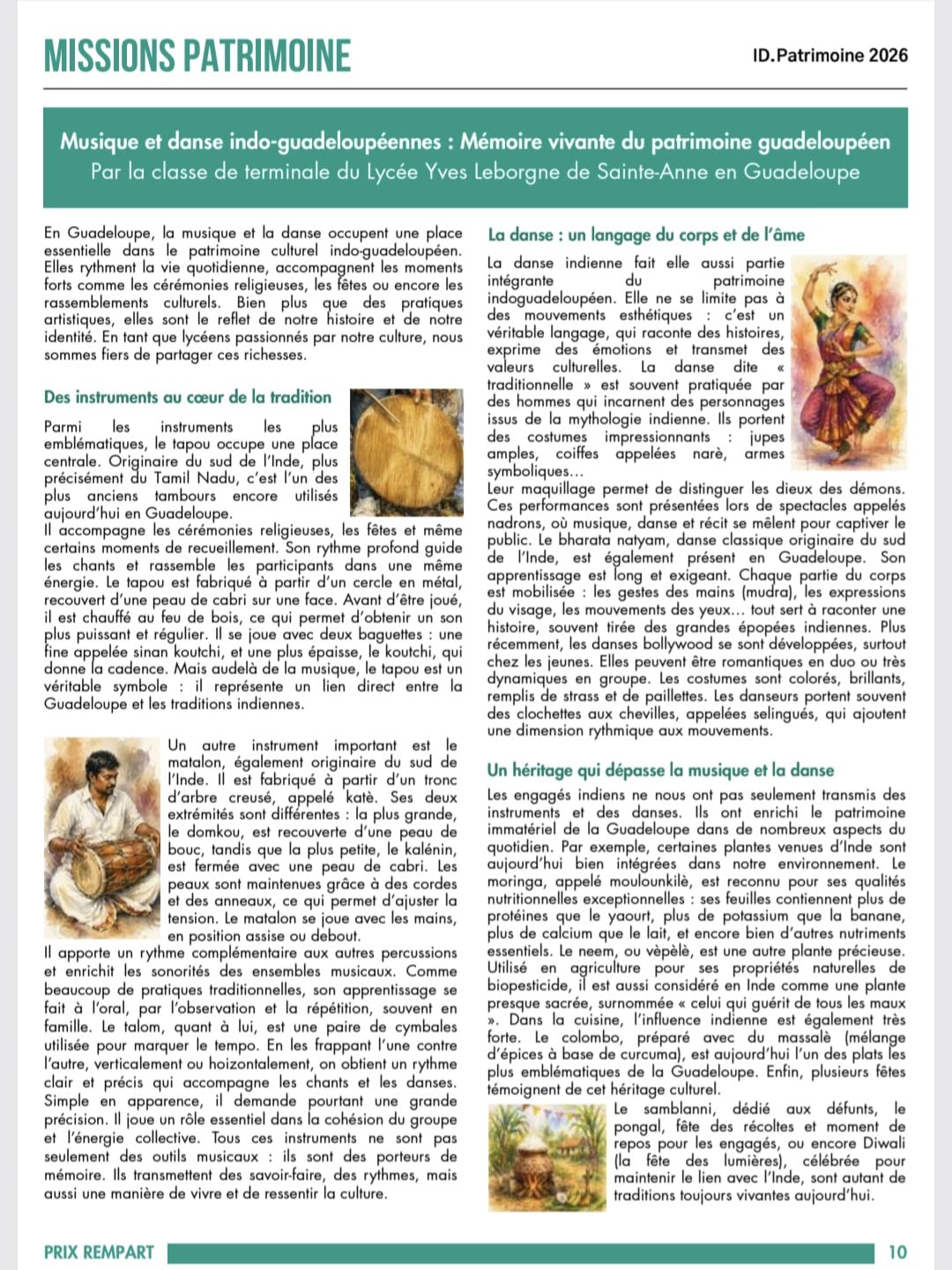 Article « Musique et danse indo-guadeloupéennes » de la classe de terminale du lycée Yves Leborgne, magazine ID.Patrimoine 2026