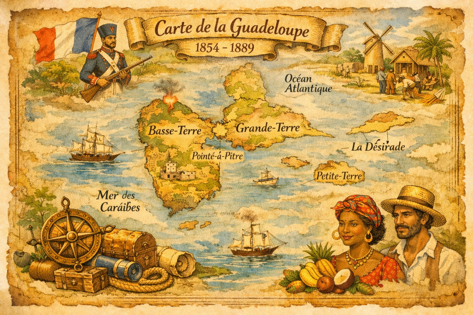 Carte de la Guadeloupe et des espaces evoques dans le parcours Histoire et Memoire.