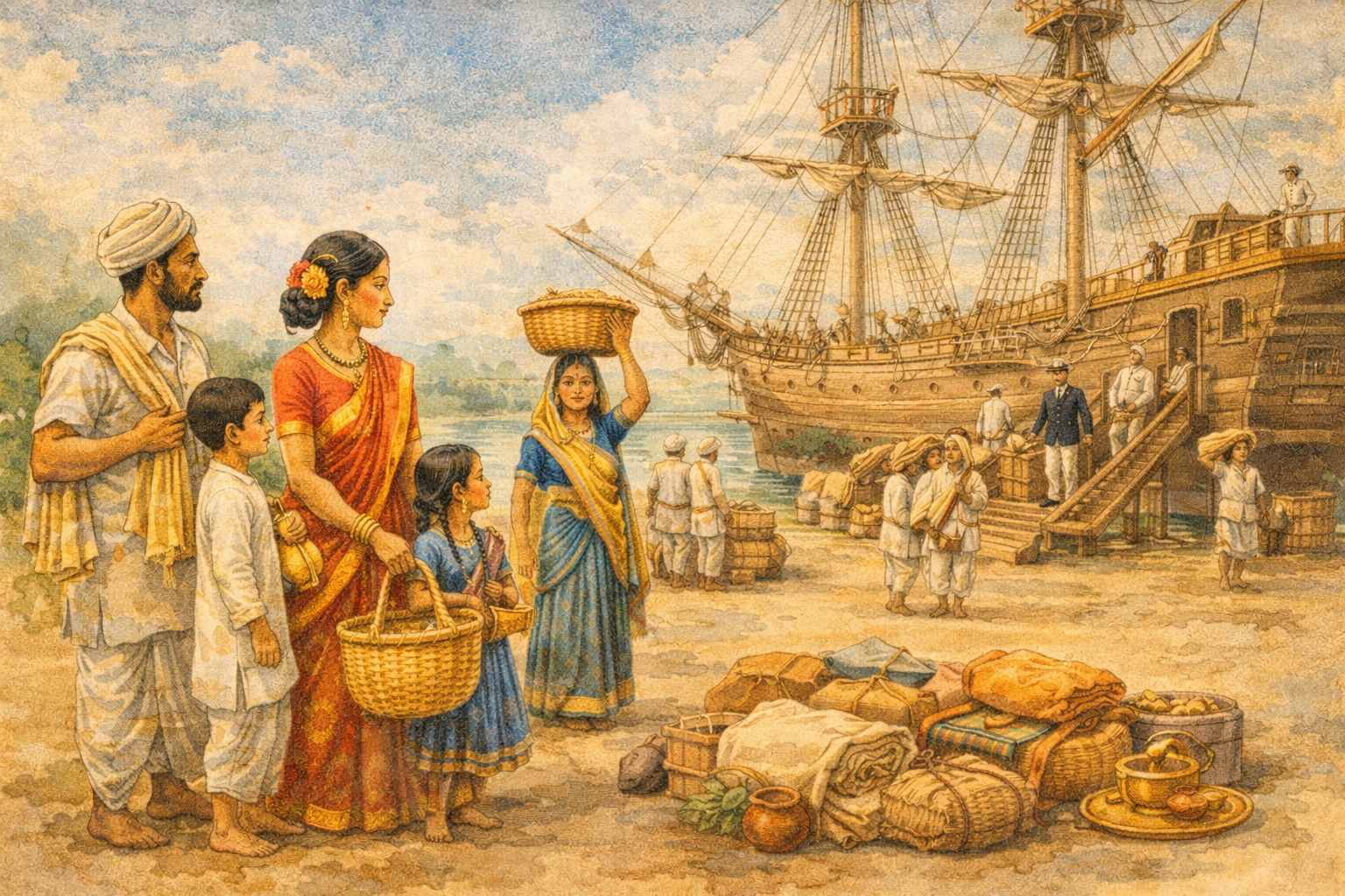 Illustration du voyage en bateau entre l'Inde et la Guadeloupe.