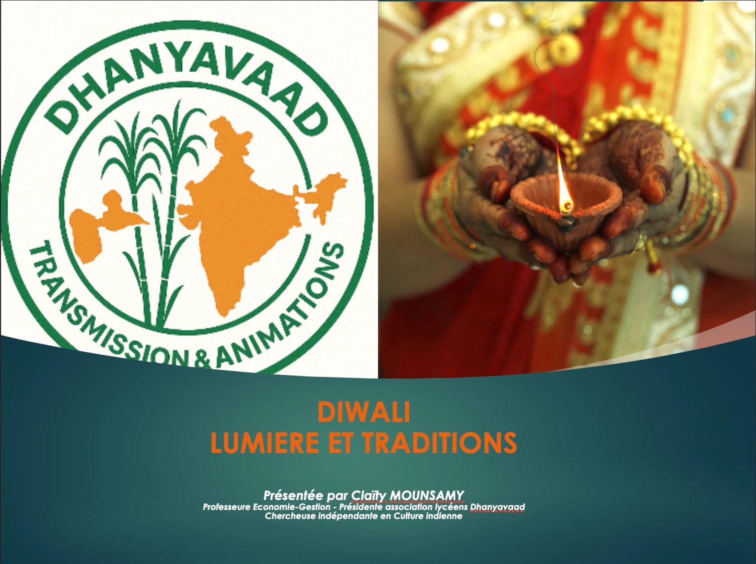 Page de titre du diaporama « Diwali — Lumière et traditions », présenté par Claïty Mounsamy
